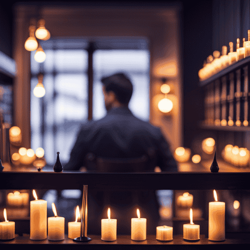 An image showcasing a serene candle shop scene: A cozy space adorned with shelves lined with herbal tea-scented candles