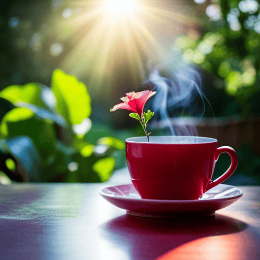 An image depicting a serene, vibrant garden with a steaming cup of hibiscus flower tea in hand