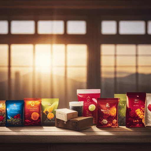 An image showcasing a vibrant assortment of hibiscus herbal tea packages, neatly arranged on a rustic wooden table