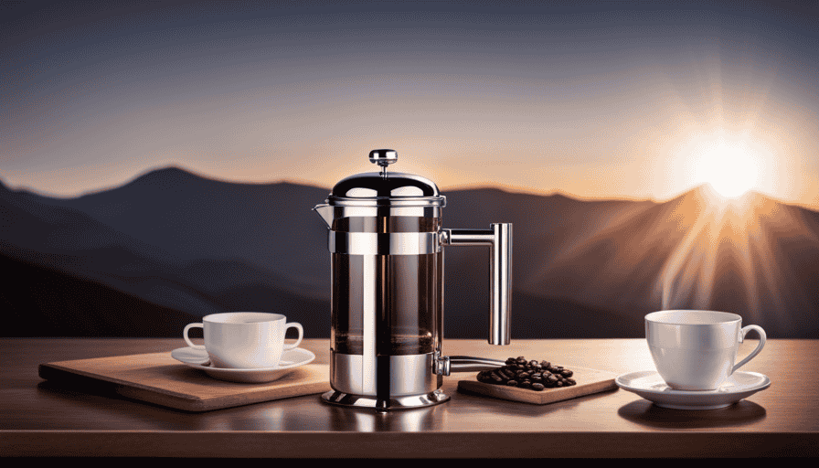 An image showcasing a sleek, stainless steel French press, radiating elegance with its polished surface