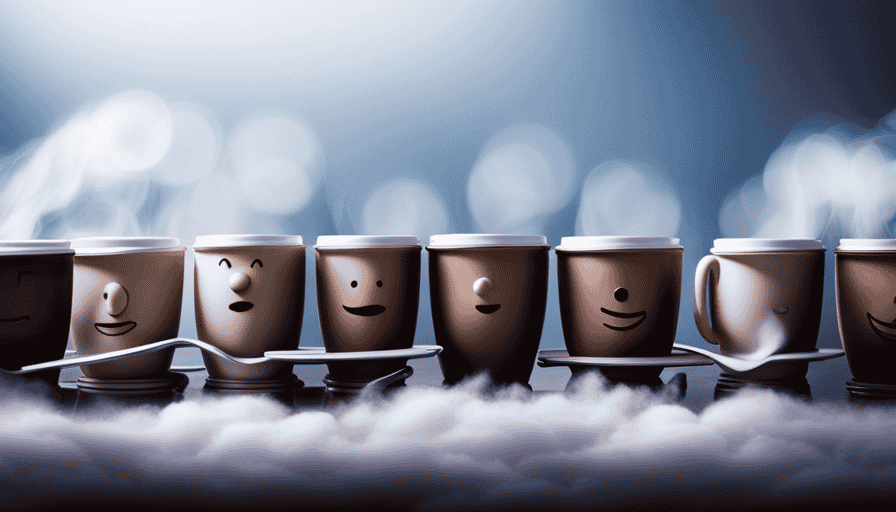 An image showcasing a group of animated coffee mugs, each with a comically exaggerated expression, surrounded by clouds of steam and spilled coffee, evoking laughter and relatability for coffee lovers