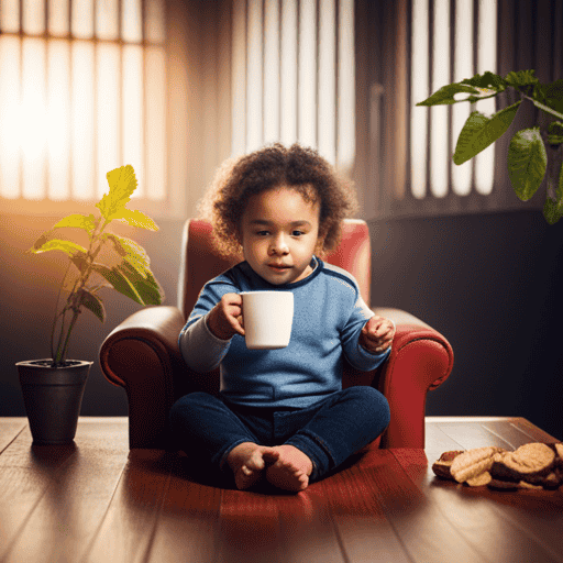 An image that showcases a cozy, sunlit room with a young tot sitting cross-legged on a plush chair, holding a steaming cup of herbal tea