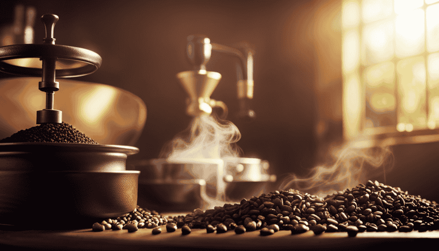 An image depicting a rustic kitchen scene with a vintage coffee roaster amidst swirling aromatic coffee beans