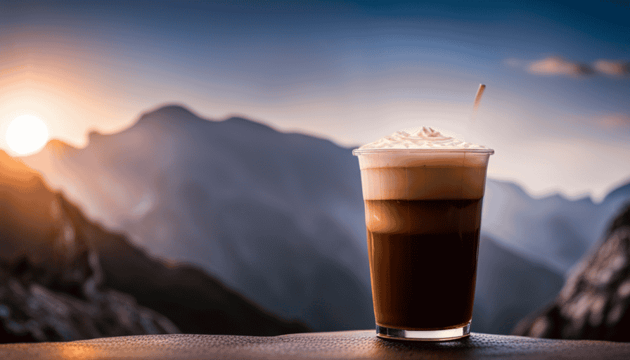 An image showcasing a tall glass filled halfway with rich, dark coffee topped with a creamy layer of milk tea, beautifully swirling together, capturing the essence of Hong Kong's renowned Yuanyang coffee