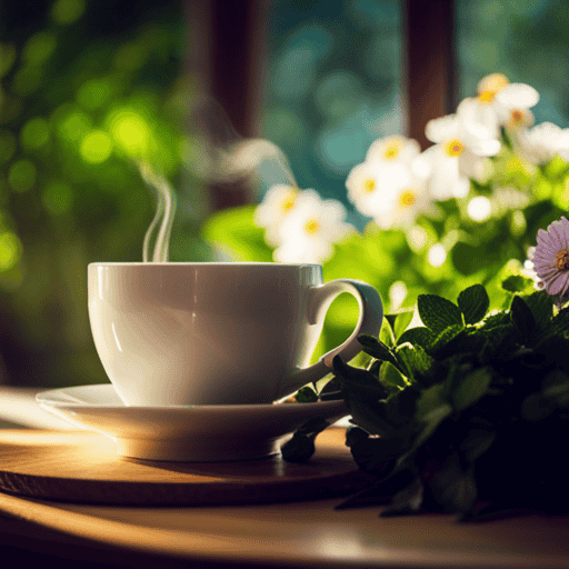 -up shot of a steaming cup of herbal tea, surrounded by a variety of fresh herbs and flowers, with gentle steam rising and mingling with the soft morning light filtering through a nearby window