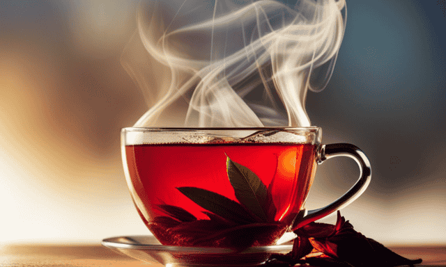 An image with a steaming cup of rooibos tea infused with vibrant red hue, showcasing the delicate leaves of the plant in the background
