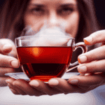 An image capturing a serene scene of a person savoring a steaming cup of ruby-red Rooibos tea, delicately cradled in their hands, while sunlight filters through the translucent amber liquid, casting a warm glow