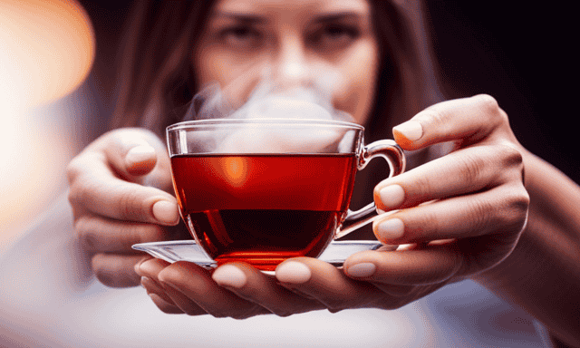 An image capturing a serene scene of a person savoring a steaming cup of ruby-red Rooibos tea, delicately cradled in their hands, while sunlight filters through the translucent amber liquid, casting a warm glow