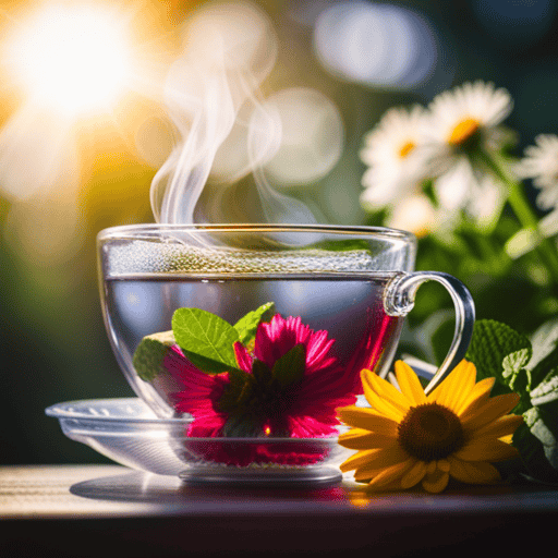 An image focusing on a close-up shot of a clear glass teacup, steam gently rising from it, with a vibrant array of fresh herbs and flowers visibly steeping inside a translucent herbal tea cleansing bag