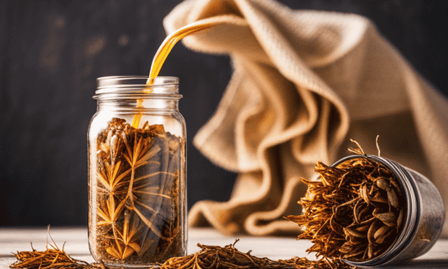 An image showcasing a close-up shot of a hand holding a mason jar filled with golden-brown chicory root sweetener, surrounded by scattered chicory roots and elegant tea leaves