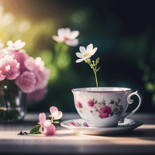 An image capturing the essence of spring herbal tea: a sunlit garden with vibrant blossoms in full bloom, delicate petals falling into a teacup filled with freshly picked herbs, steam rising, and a hint of warmth in the air