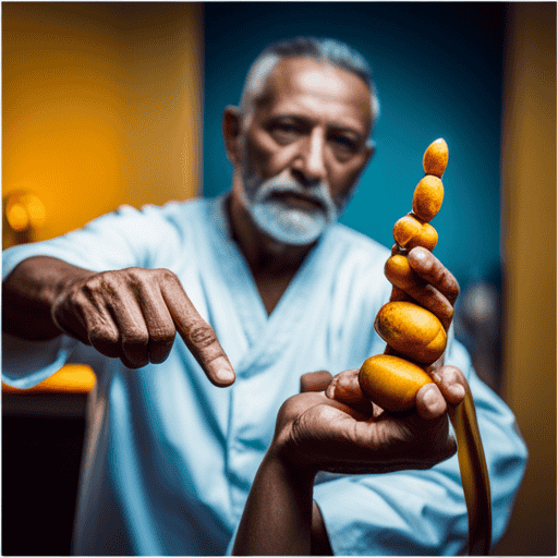 An image showcasing a close-up of a hand gently massaging turmeric-infused oil onto a swollen joint, with vibrant yellow hues emanating from the oil and the hand conveying relief and healing properties