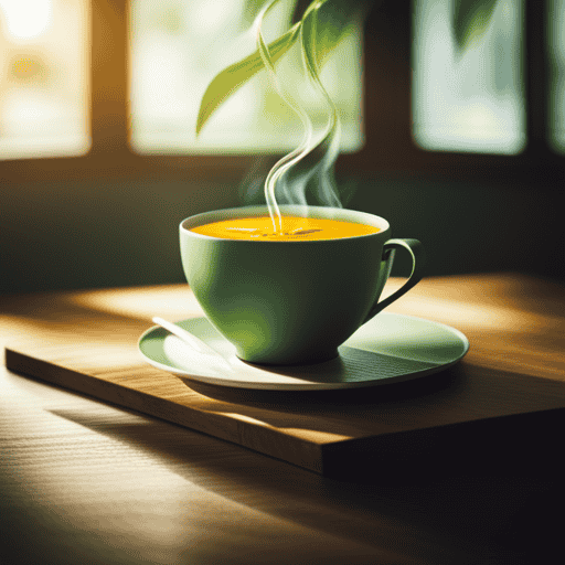 An image showcasing a serene green tea cup filled with a vibrant golden infusion, where swirling trails of turmeric gracefully blend with the tea leaves, evoking a captivating visual representation of turmeric's incorporation into green tea