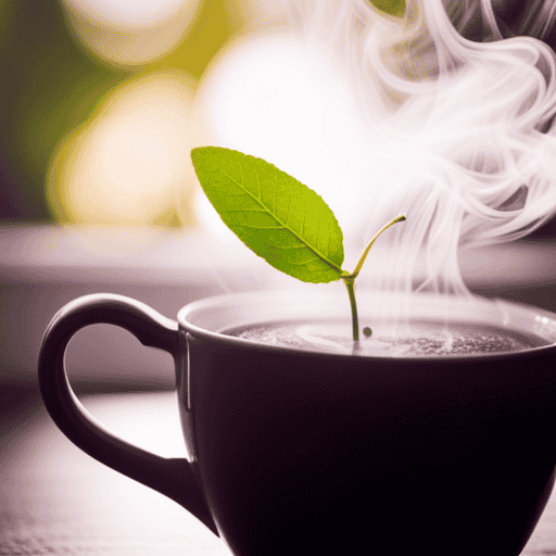 An image showcasing a delicate, swirling infusion of vibrant herbal leaves gracefully dissolving in a steaming cup of tea, accompanied by a gentle wisp of aromatic steam rising from the surface