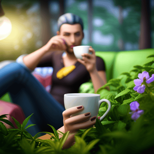 An image featuring a Sim in Sims Freeplay sipping herbal tea elegantly from a delicate teacup, surrounded by lush greenery and aromatic herbs, showcasing the serene ambiance of the tea-drinking experience