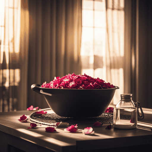 An image showcasing a serene scene: a sunlit room with a rustic wooden table covered in freshly picked rose petals, delicately arranged on a mesh drying rack, bathed in the soft glow of sunlight streaming through a nearby window