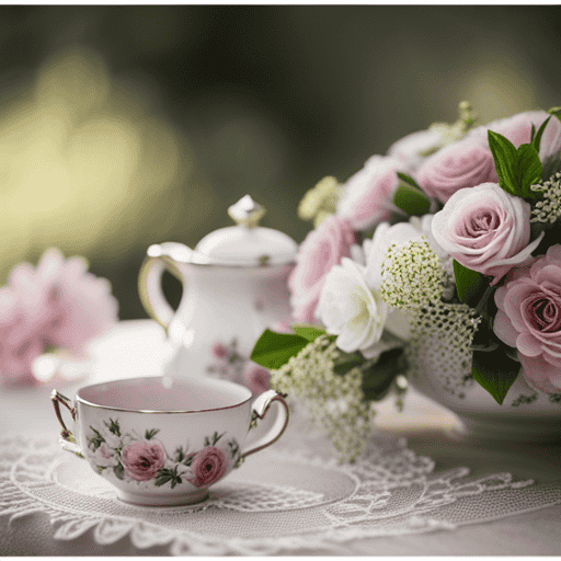 An image showcasing a dainty, pastel-hued tea set on a lace tablecloth, adorned with a petite flower arrangement