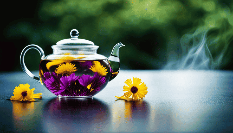 An image capturing the delicate process of crafting dandelion flower and violet tea: vibrant violet and yellow petals steeping in a glass teapot, releasing their soothing essence into the steaming water