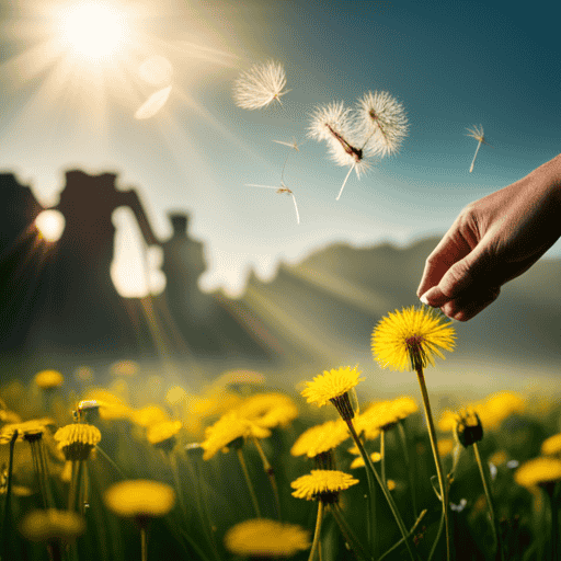 An image showcasing a serene scene of a pair of hands delicately plucking vibrant dandelion flowers from a meadow, while a steaming teapot nearby infuses the fragrant petals, illustrating the enchanting process of making dandelion flower tea