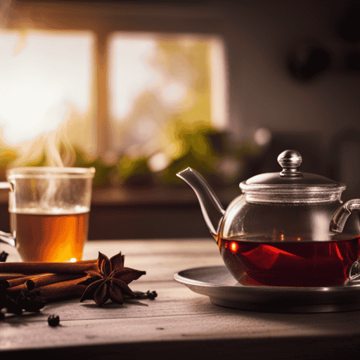 An image depicting a cozy kitchen scene: a steaming cup of herbal cinnamon tea, a teapot pouring warm amber liquid, cinnamon sticks and cloves scattered on a wooden table, and a serene backdrop of herb plants