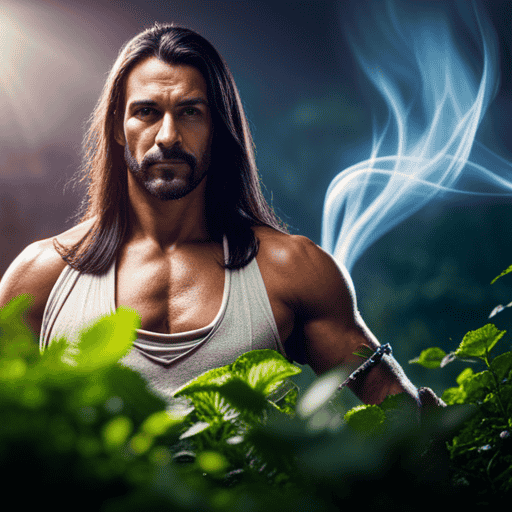 An image capturing the essence of brewing herbal tea in Conan Exiles: a rugged, muscular barbarian delicately plucking fresh herbs from a vibrant garden, a steaming cauldron exuding aromatic vapor in the background