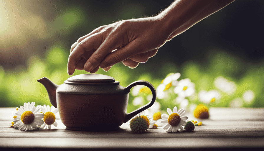 An image showcasing the serene process of making herbal tea: A delicate hand plucking aromatic chamomile flowers from a vibrant garden, gently placing them into a teapot atop a rustic wooden table