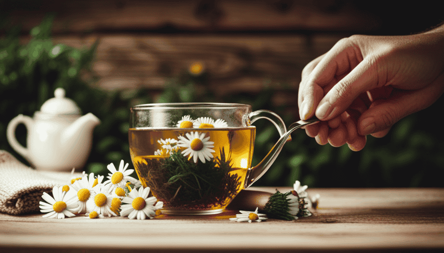 An image showcasing the serene process of making herbal tea: A delicate hand plucking aromatic chamomile flowers from a vibrant garden, gently placing them into a teapot atop a rustic wooden table