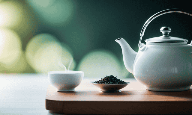 An image showcasing a serene, minimalist kitchen scene: a teapot steaming with fragrant oolong tea leaves, a delicate porcelain cup filled with creamy milk tea, and a graceful tea strainer resting on a wooden tray
