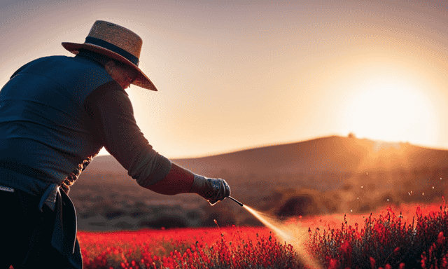 An image capturing the essence of making Rooibos tea: a vibrant, sun-kissed landscape with a farmer gently harvesting the crimson leaves, while nearby, a kettle steams, releasing the soothing aroma