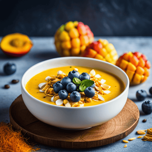 An image of a vibrant yellow smoothie bowl adorned with a symmetrical arrangement of sliced mangoes, fresh blueberries, and toasted coconut flakes atop a creamy turmeric base, enticingly garnished with a sprinkle of crushed pistachios