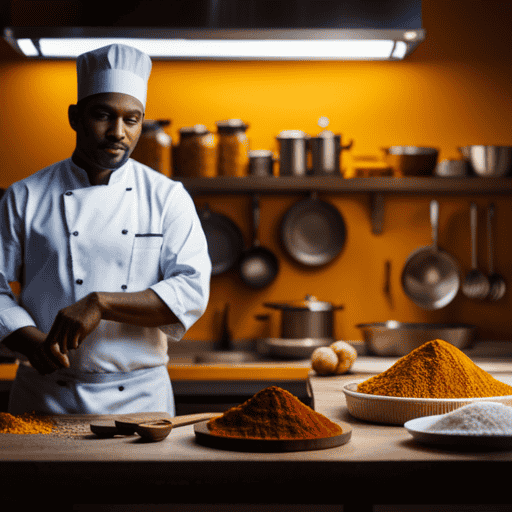 An image showcasing a vibrant kitchen scene with a chef effortlessly blending a variety of ingredients, cleverly disguising the taste of turmeric
