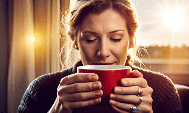 An image of a person holding a cup of red tea, delicately sipping it with closed eyes