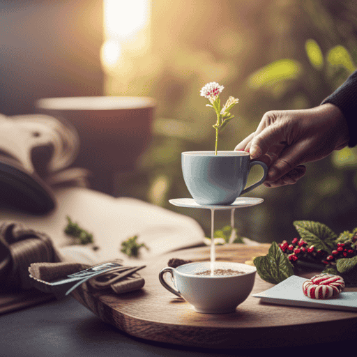 An image featuring a person with a warm cup of peppermint herbal tea, surrounded by vibrant botanical illustrations