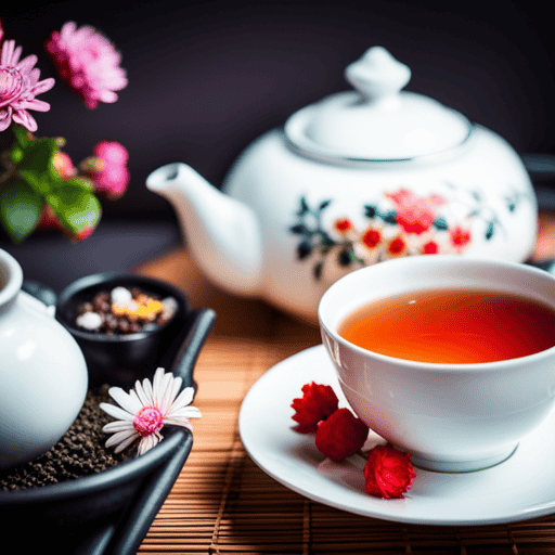 An image showcasing a serene Chinese tea ceremony: a traditional porcelain teapot, delicate teacups, and a vibrant assortment of fragrant herbs like chrysanthemum, goji berries, and osmanthus, eloquently representing the art of brewing herbal tea in Chinese culture