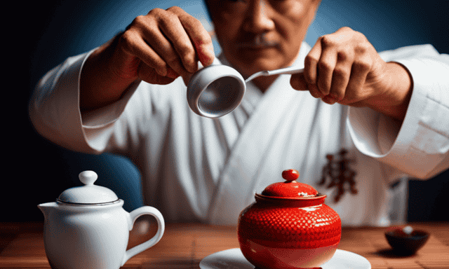 An image depicting a traditional Chinese teahouse, with a Chinese tea master gracefully pouring rooibos tea from an intricately designed teapot into delicate porcelain cups, capturing the essence of the Chinese pronunciation for "rooibos