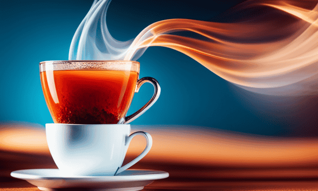 An image showcasing a close-up of a steaming cup of Rooibos tea, with vibrant red hues and delicate wisps of steam rising from the surface