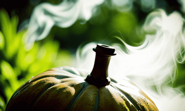 An image showcasing a close-up of a traditional gourd filled with steaming yerba mate leaves, surrounded by a delicate cloud of steam, capturing the vibrant green color and the aromatic essence