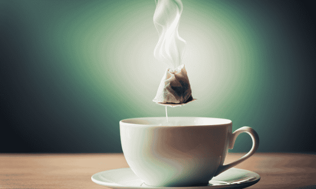 An image showcasing a single vibrant green tea oolong tea bag daintily suspended in a dainty teacup filled with steaming hot water