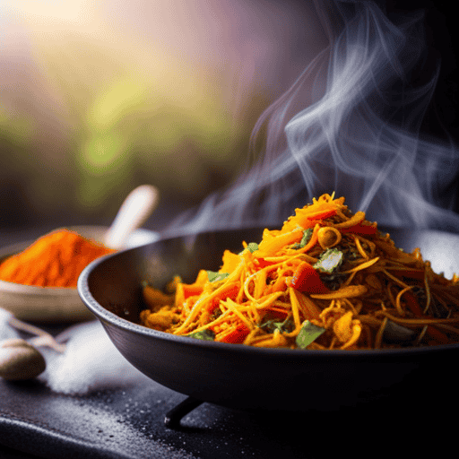 An image showcasing the vibrant, golden hue of fresh raw turmeric, grated finely over a sizzling pan of stir-fried vegetables