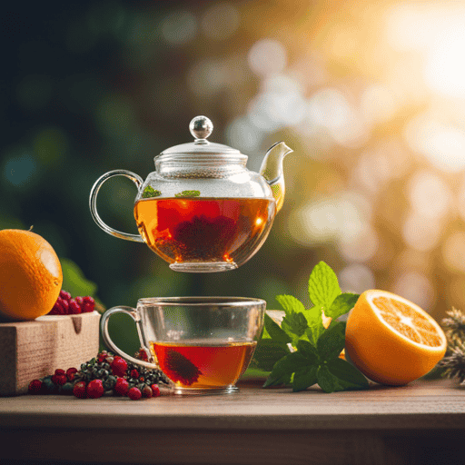An image showcasing a serene and inviting scene, featuring a beautifully decorated teapot pouring Yogi Detox Tea into a delicate cup, surrounded by fresh, vibrant herbs and fruits, radiating a sense of rejuvenation and wellness
