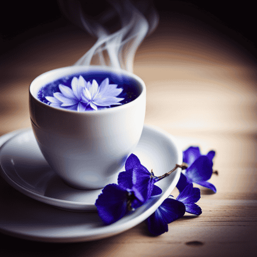 An image showcasing a delicate porcelain teacup, filled with a vibrant blue infusion of butterfly pea flower tea