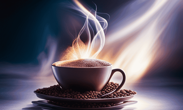 An image showcasing a vibrant cup of steaming chicory root coffee, surrounded by energizing elements like sun rays, lightning bolts, and a burst of colorful sparks, depicting the invigorating effects it offers