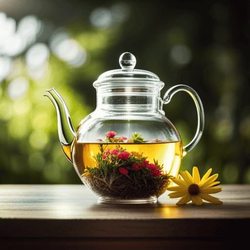 An image showcasing a hand-picked blend of vibrant, aromatic herbs steeping in a teapot, releasing their natural essences