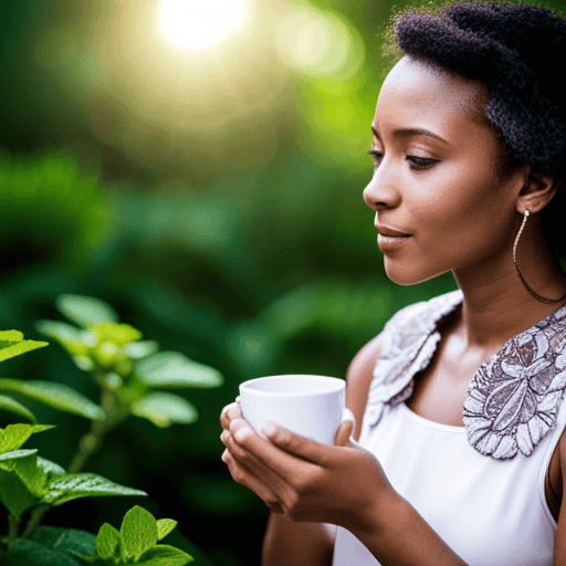 An image capturing a serene scene of a person holding a warm cup of herbal tea, surrounded by lush greenery and blooming flowers