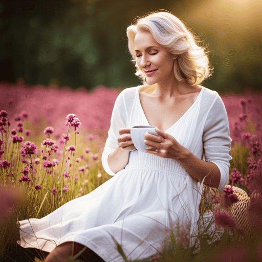 An image of a serene woman sitting on a blossoming meadow, cradling a warm cup of herbal tea