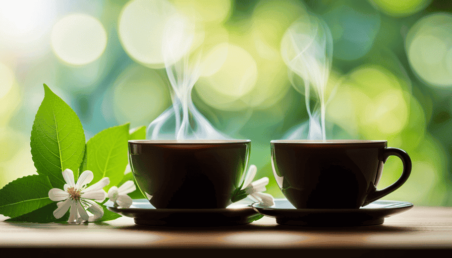 An image showcasing a serene scene: a cup of steaming linden leaf and flower tea, surrounded by vibrant green leaves and delicate white blossoms, exuding a calming aura that evokes relaxation, stress relief, and overall well-being