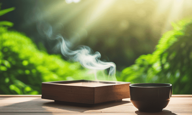 An image showcasing a serene Japanese garden with a steaming cup of oolong tea placed on a wooden tray