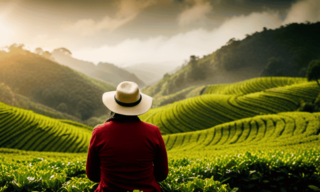 An image showcasing a serene setting surrounded by lush tea plantations where a person enjoys a cup of warm oolong tea
