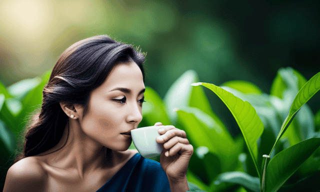 An image showcasing a serene scene with a woman sipping a steaming cup of oolong tea, surrounded by vibrant green tea leaves, hinting at the potential weight loss benefits of this aromatic beverage