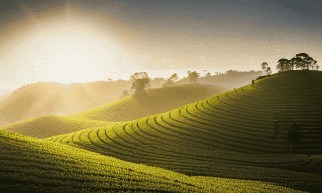 An image of a serene, green tea plantation, with gently rolling hills and neatly lined rows of oolong tea bushes